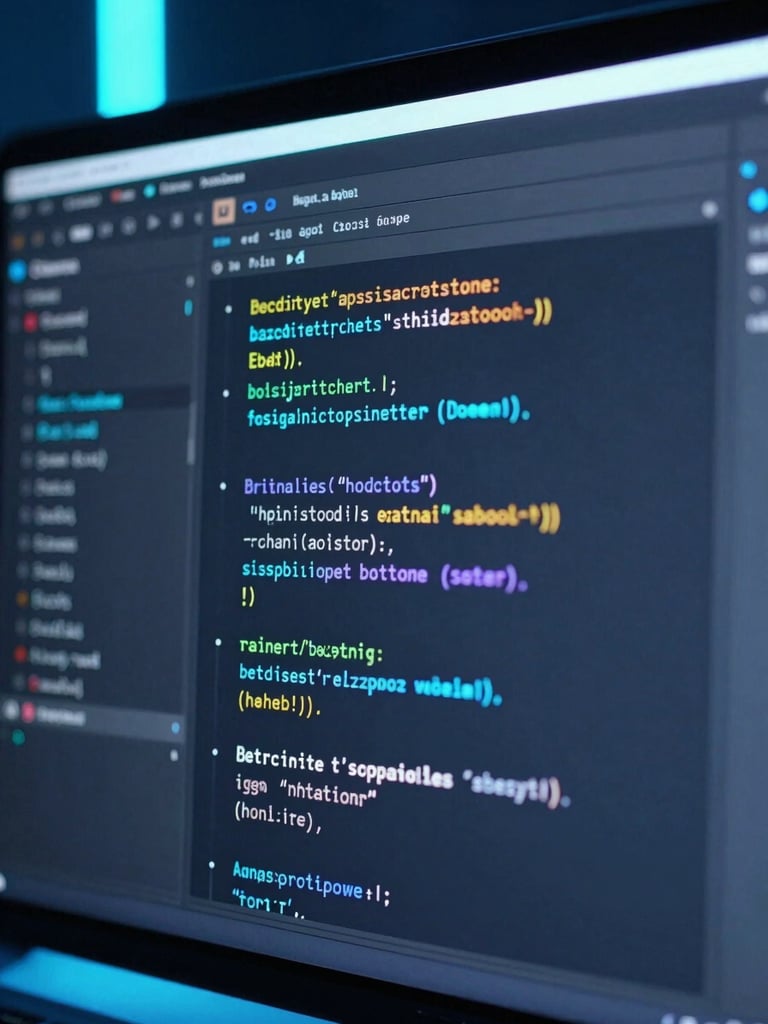 Close-up of a clean IDE interface with syntax highlighting, cool studio lighting with neon cyan and blue ambient accents, sharp focus, 35mm lens.