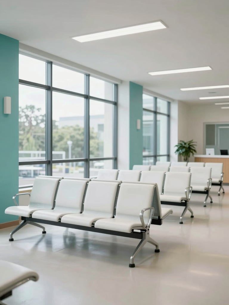 Wide interior shot of a completed modern clinic waiting area, natural daylight flooding through large windows on the left, rows of clean white seating, polished floor, clinical teal accent wall visible to the far left, no people
