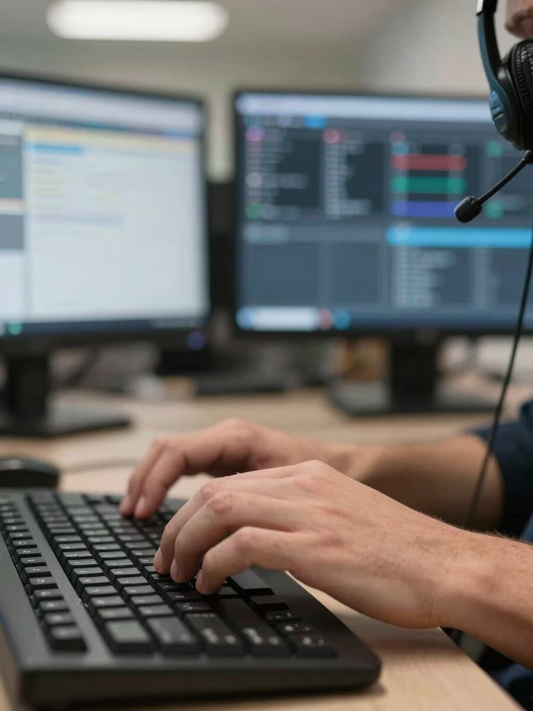Close-up of an agent's hands resting on a keyboard with a headset cable visible, multiple support dashboard screens in soft focus background, neutral overhead workplace lighting, operational environment, no faces shown