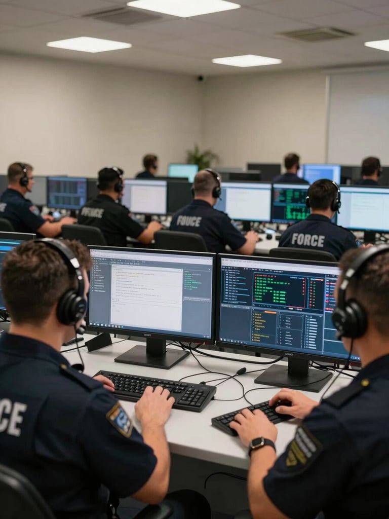 Environmental wide shot from behind of a team of agents at workstations wearing headsets, multiple monitors showing support dashboard interfaces, neutral overhead lighting casting even light across the operations floor, hands on keyboards mid-action