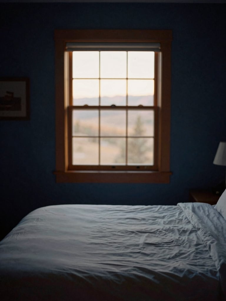A serene bedroom sanctuary in Heber Valley, soft golden hour sunlight filtering through a window, empty made bed, 35mm photography