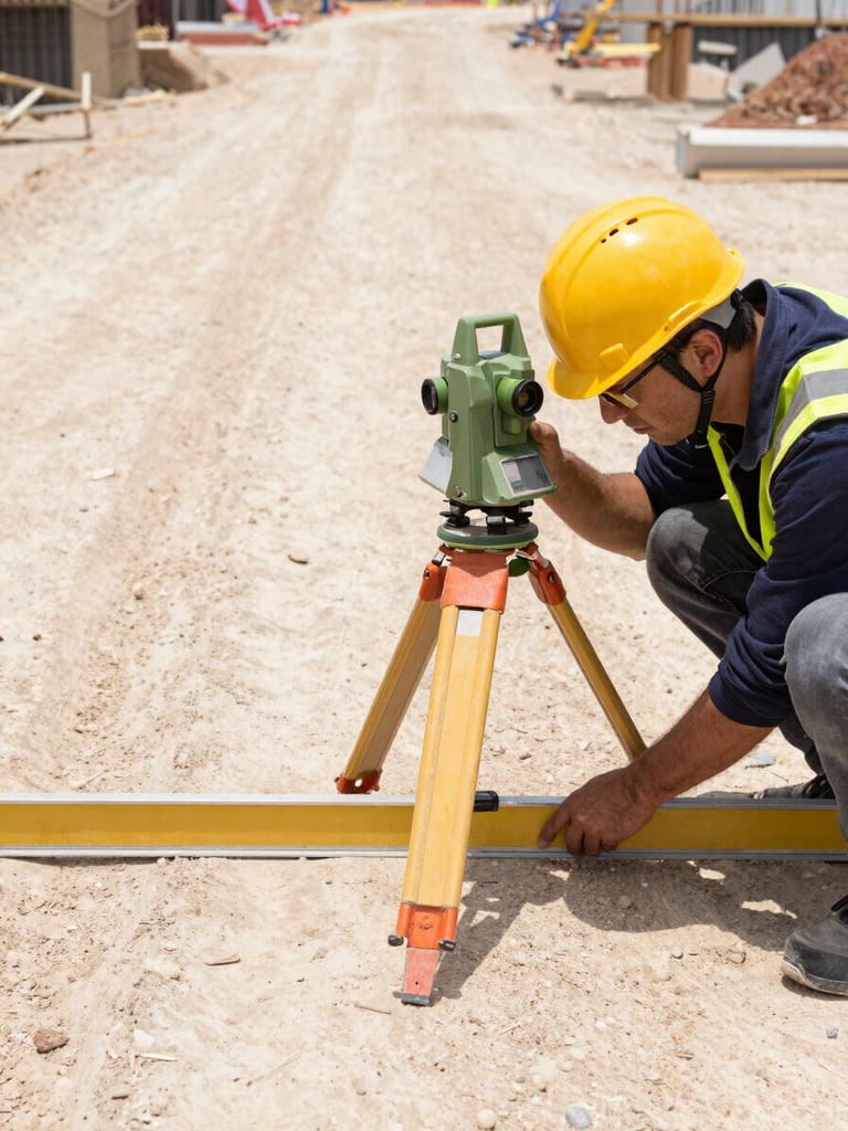 Close-up of a civil engineer in a yellow helmet checking grade-level alignment with a digital theodolite on a dusty road construction site, bright daylight