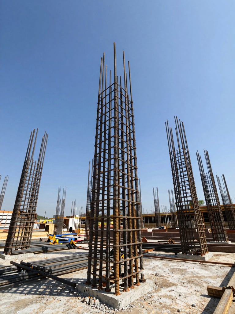 Low-angle shot of concrete reinforcement steel bars rising into a clear blue sky on an active industrial construction site, high contrast