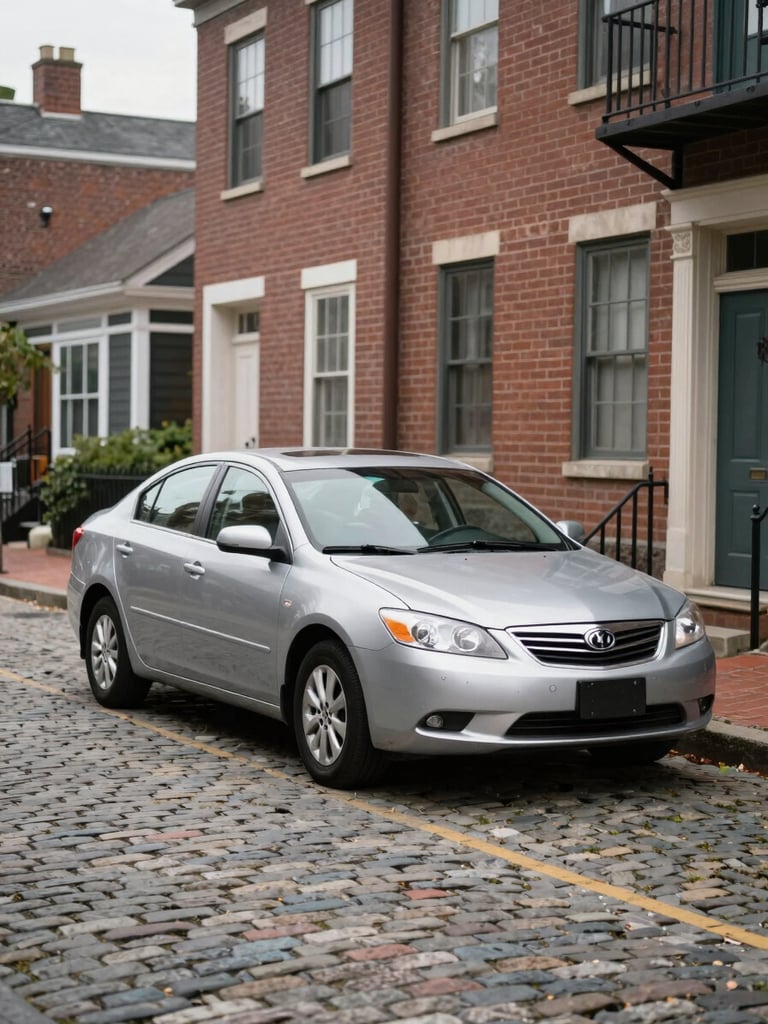A parked sedan on a historic cobblestone street in Providence, Rhode Island, soft overcast afternoon light.