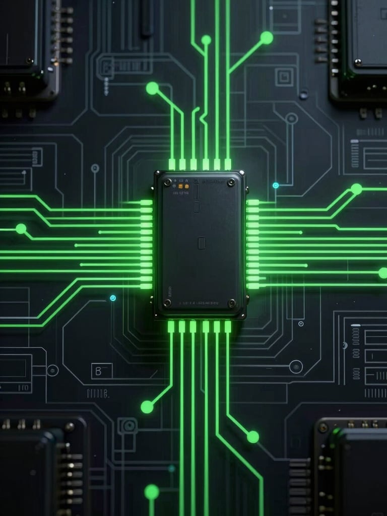 Top-down schematic diagram of an industrial edge gateway circuit, glowing neon-green data paths, dark technical blueprint aesthetic, high contrast