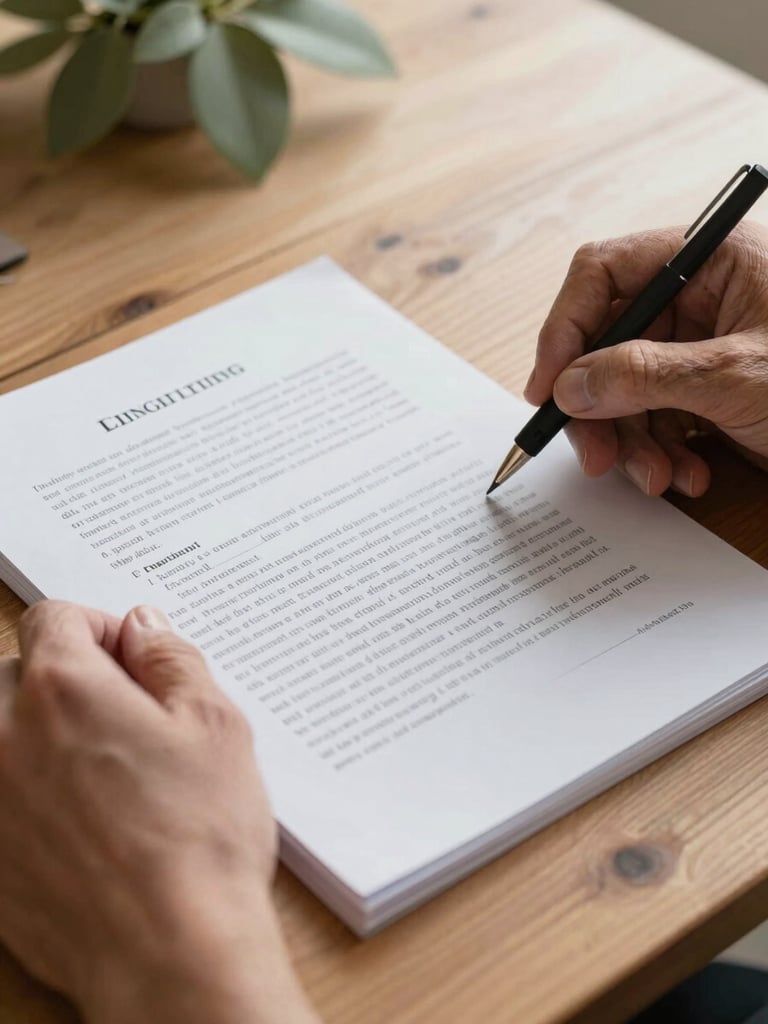 Close-up of weathered hands quietly turning the pages of a legal document on a natural wood table, soft north-facing daylight falling across the paper, a faint sage-green plant in the blurred background
