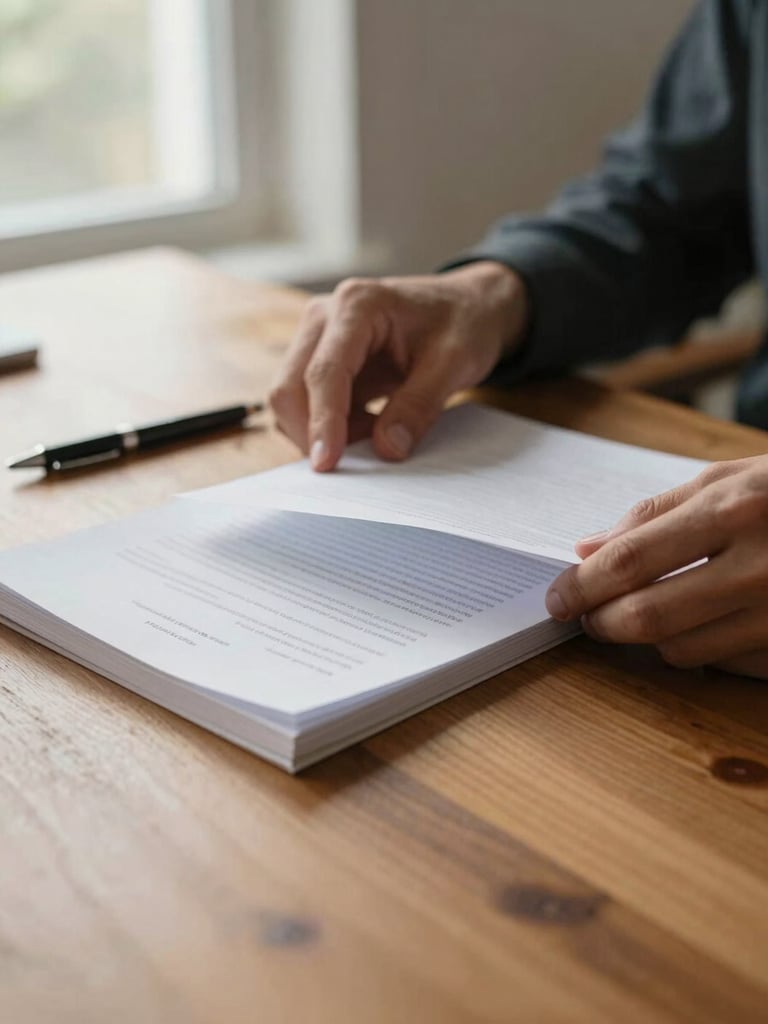 Close-up of hands turning the page of a document on a warm wooden table, soft natural window light from the left, a pen resting nearby, Texas earth-tone surface visible, no faces in frame