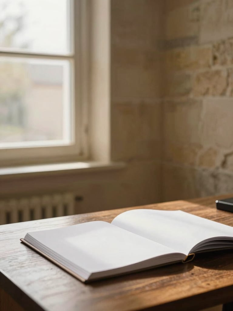 Wide environmental shot of a quiet home office — a desk with an open folder, warm stone walls, and a window letting in soft afternoon light, no people, calm and organized
