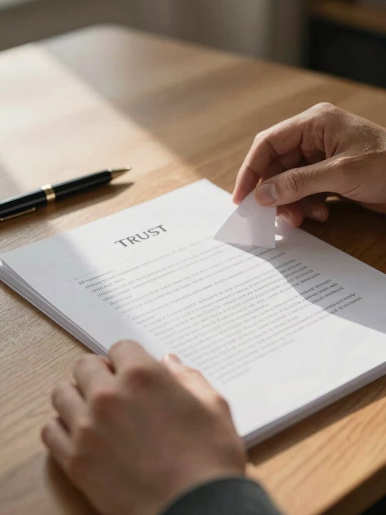 Close-up editorial shot of a pair of hands turning through pages of a trust document on a warm wooden desk, soft north-facing daylight falling from the left, a pen resting nearby, shallow depth of field, calm and unhurried mood