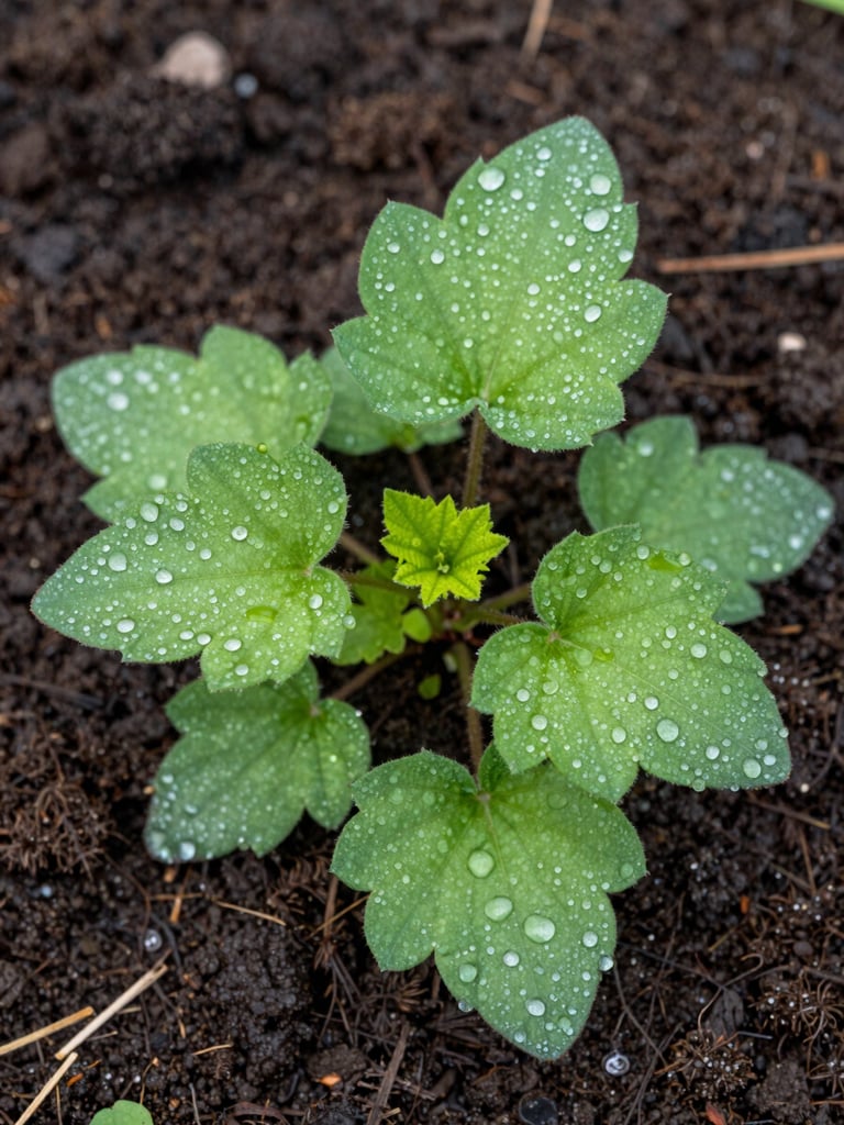 Macro photography of lush green Brahmi leaves covered in morning dew, growing in rich dark soil, crisp botanical detail, bright natural morning light