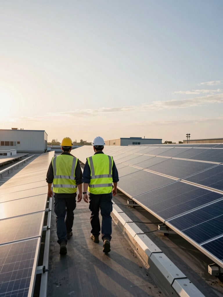 Environmental wide shot of two technicians in high-vis vests and helmets walking along a rooftop solar array access path, dawn light from the left, rows of panels stretching to the right, industrial facility below