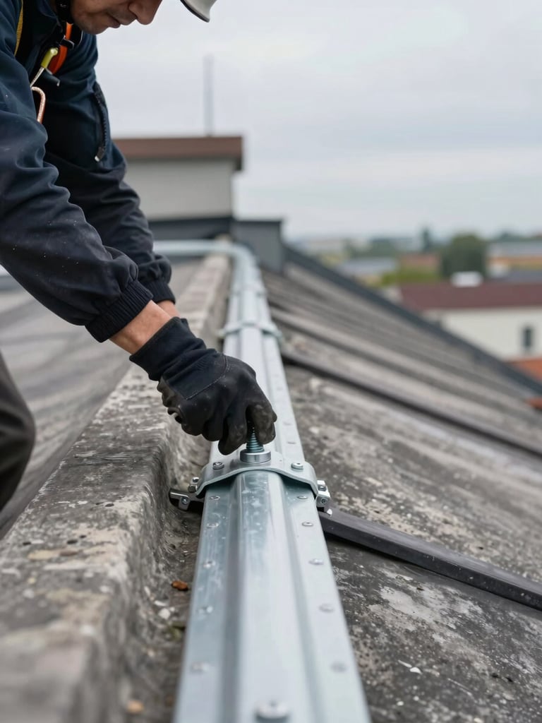 Wide environmental frame, low angle looking up a steep industrial rooftop slope — a gloved hand torques a bolt on a silver aluminium mounting rail, safety harness visible on the worker's torso, helmet edge in frame, raw concrete parapet in the background, overcast northern-European daylight, depth of field shallow on the rail detail, scale of the roof visible in the background