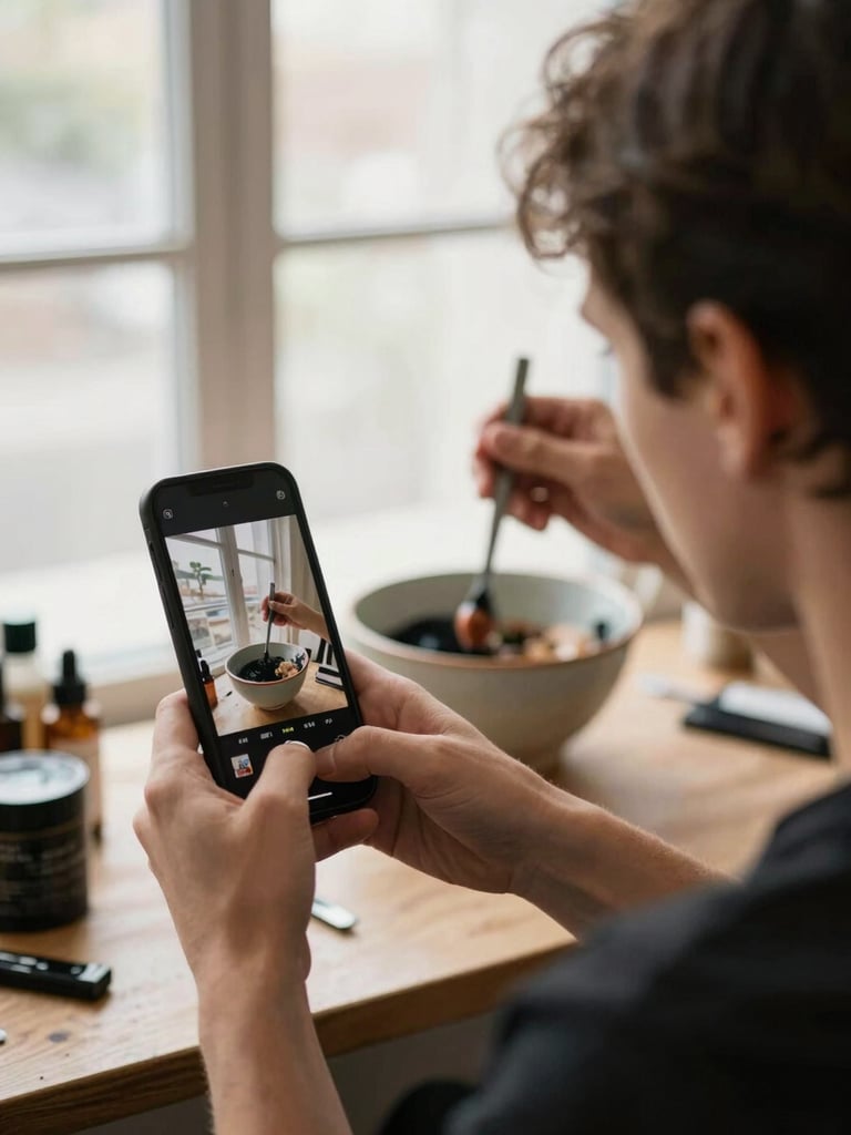 Over-the-shoulder shot of a creative director holding an iPhone, capturing a hair stylist carefully mixing color in a ceramic bowl, soft natural window light, warm tones