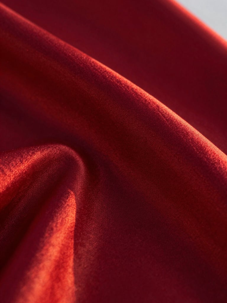 Extreme close-up of premium crimson mulberry silk fabric catching dramatic golden hour light, showcasing the delicate weave and luxurious texture.