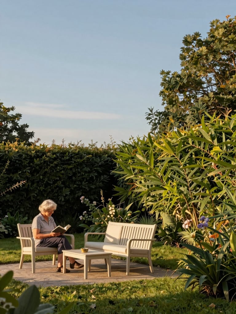 Wide environmental shot of a sunlit care home garden in Munich, an elderly woman seated on a bench reading a book in the left third, warm golden-hour light falling across cream-coloured outdoor furniture, lush green hedges framing the right side, generous open sky above