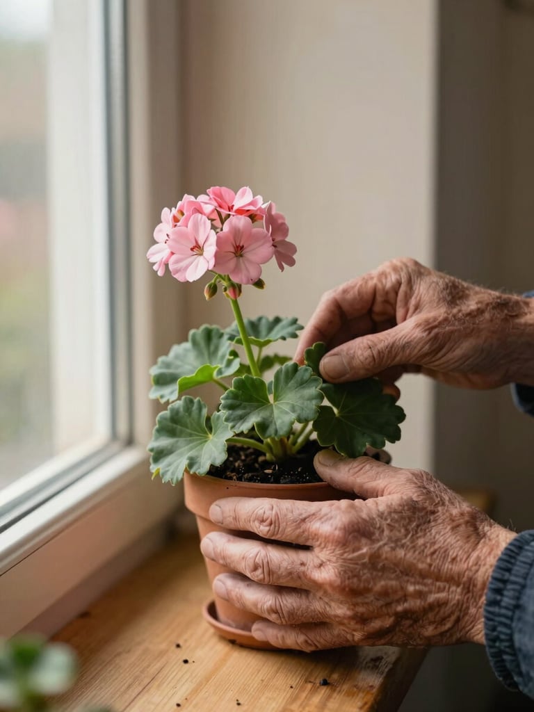 Close-up of weathered hands gently tending a potted geranium on a sunlit windowsill, warm afternoon light from the side, soft focus on the wooden sill and cream-painted wall behind, documentary quiet