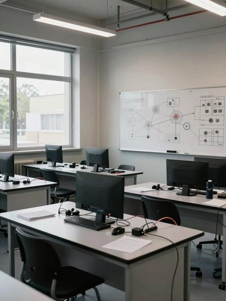 Wide shot of a training lab environment — rows of workstations, whiteboards covered in network diagrams, daylight filtering through industrial windows, no people visible, the room mid-session with notes and cables in place