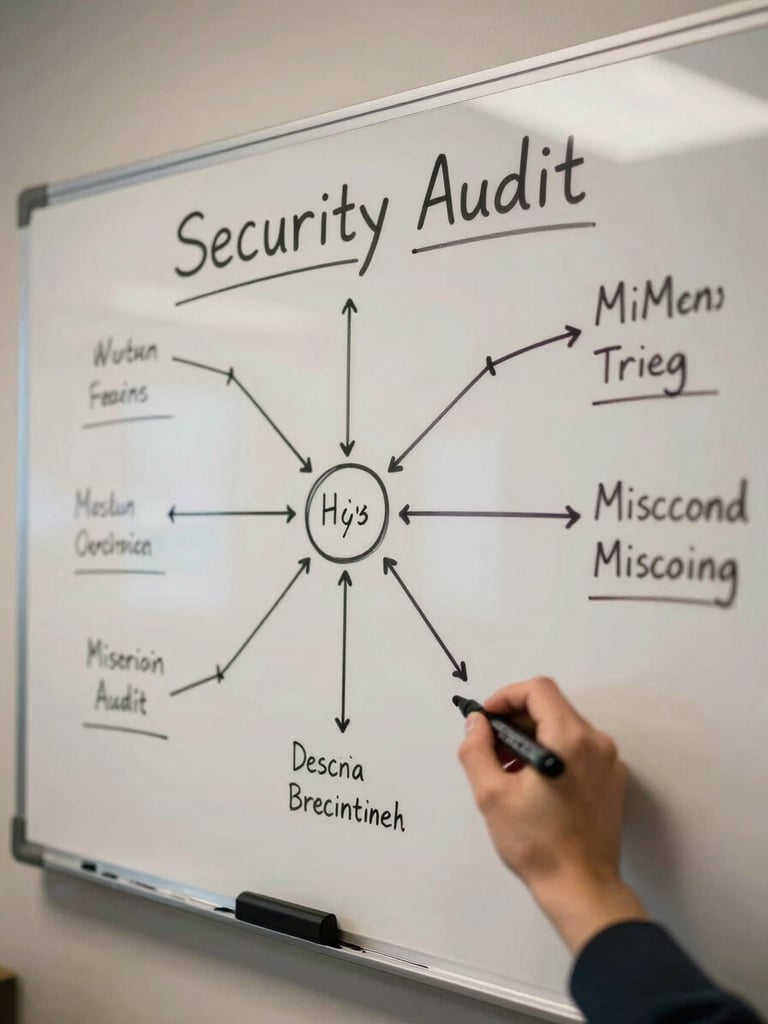 Close overhead shot of a security audit diagram spread across a whiteboard, handwritten network topology and misconfiguration annotations in marker, a hand mid-write adding a note in the lower corner, warm overhead office light, documentary framing