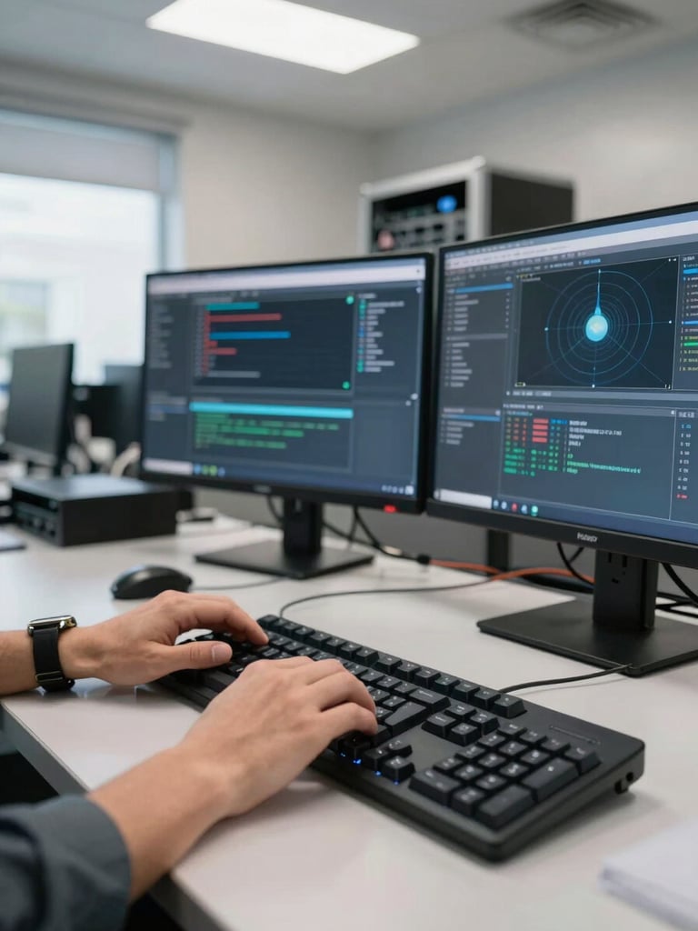 Close wide shot of a network operations desk — hands resting on a mechanical keyboard, two monitors showing terminal output and a security dashboard, overhead fluorescent and daylight from a window at left, cables and rack equipment visible in the background