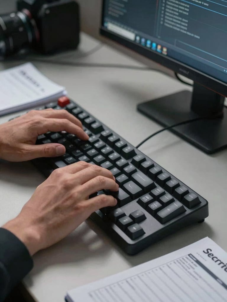 Close-up of hands at a mechanical keyboard, a terminal window open on a dark monitor, overhead office lighting casting sharp shadows across the desk surface, cables and a security audit notebook visible in frame