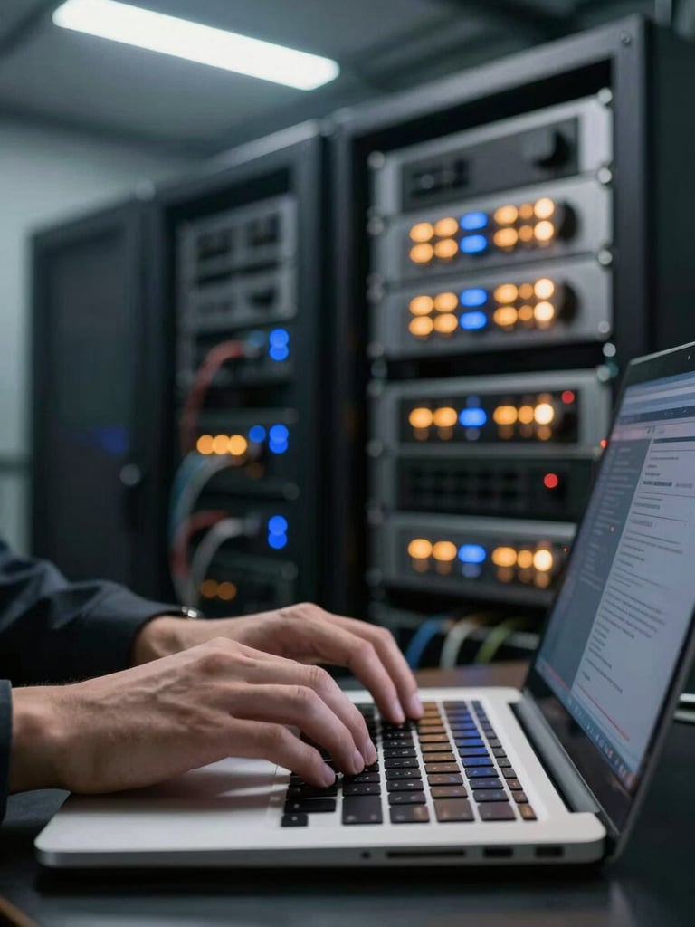 Close-up of hands typing on a laptop keyboard in a dimly lit server lab, multiple rack-mounted equipment glowing amber and blue in the background, practical overhead lighting, no studio strobe, cables and hardware in sharp focus