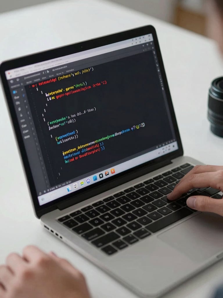 Close-up overhead shot of a laptop screen displaying Python code mid-build — visible function definitions, a loop, and a syntax error in red — on a bright studio-lit desk, hands just off-frame