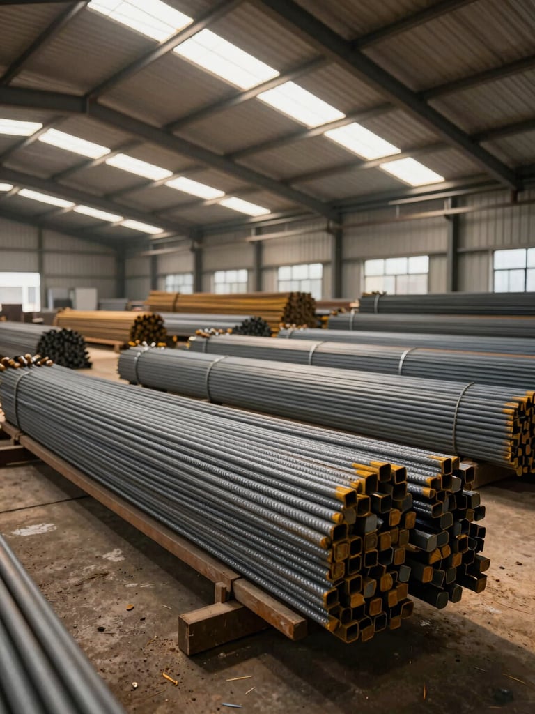 Wide warehouse interior shot, rows of bundled TMT steel bars on ground-level racks extending into the distance, raking natural daylight through high corrugated skylights, warm dusty air, inventory scale visible