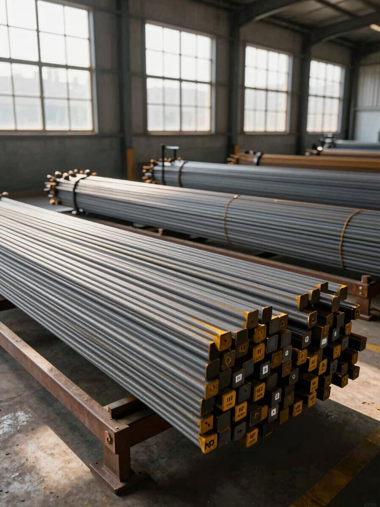 Wide-angle warehouse interior, natural daylight streaming through high windows, rows of TMT steel bars stacked on heavy-duty racking receding into the background, grade markings visible on bar ends in the foreground, no people