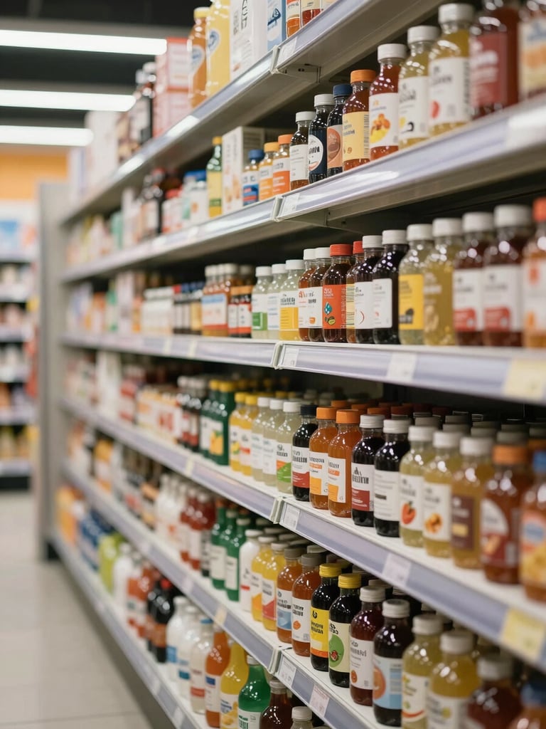Close-up of a perfectly organized modern trade supermarket shelf, showcasing high SKU density and clean shelf-share execution under bright corporate lighting.