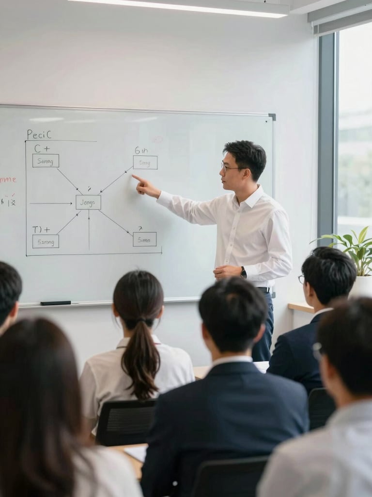 Wide environmental shot of a professional male sales trainer in a crisp white shirt pointing at a whiteboard with distribution charts, corporate audience in the foreground, bright natural office daylight.