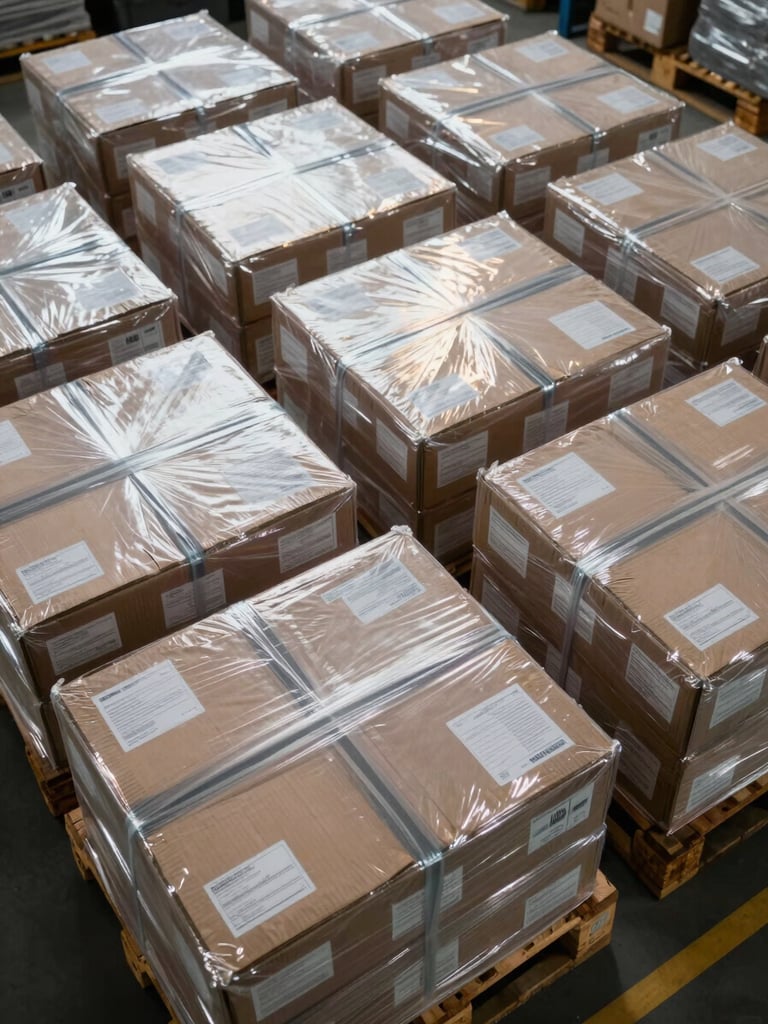 Overhead close-up of palletized product batches on a warehouse floor, shrink-wrapped cartons in neat rows under bright directional fluorescent lighting, labels visible on product faces, systematic arrangement communicating volume and precision