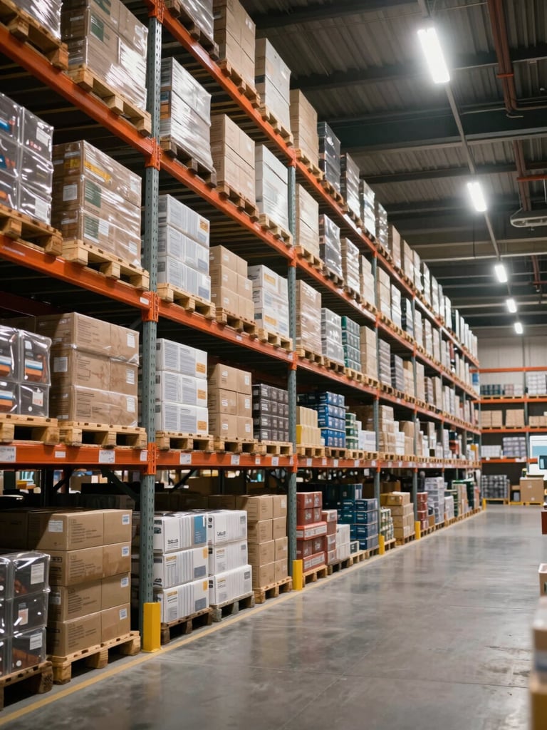 Wide warehouse interior shot from left side, rows of tall metal shelving stacked with sorted pallets of boxed goods, hard overhead industrial lighting casting sharp shadows on organized inventory, deep perspective showing scale and systematic order