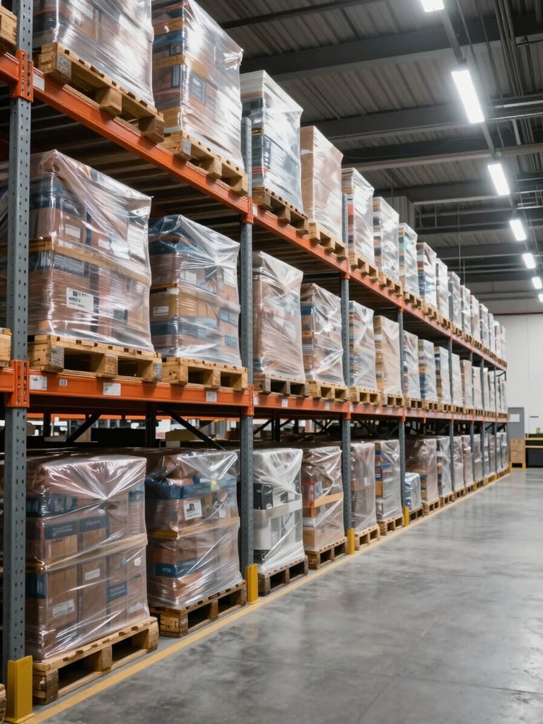 Wide interior shot of a large modern warehouse, rows of tall metal shelving stacked with sorted pallets and shrink-wrapped bulk goods under bright overhead industrial lighting, hard directional light casting crisp shadows across organized inventory, no people, clean concrete floor receding to a vanishing point on the right