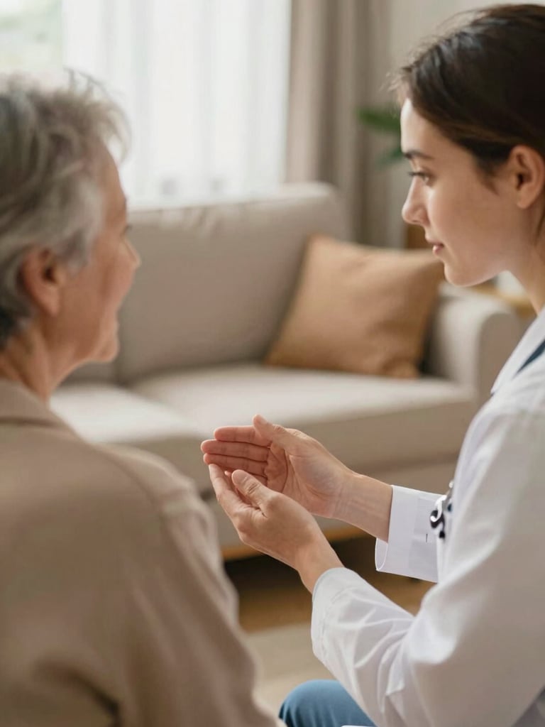 Warm indoor lighting showing hands-on care, a healthcare provider listening intently to an elderly patient in a comfortable community clinic setting