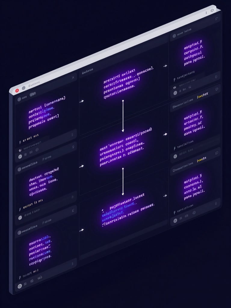 Isometric UI mockup of a developer terminal showing active data pipelines, glowing neon purple syntax highlighting on deep obsidian background