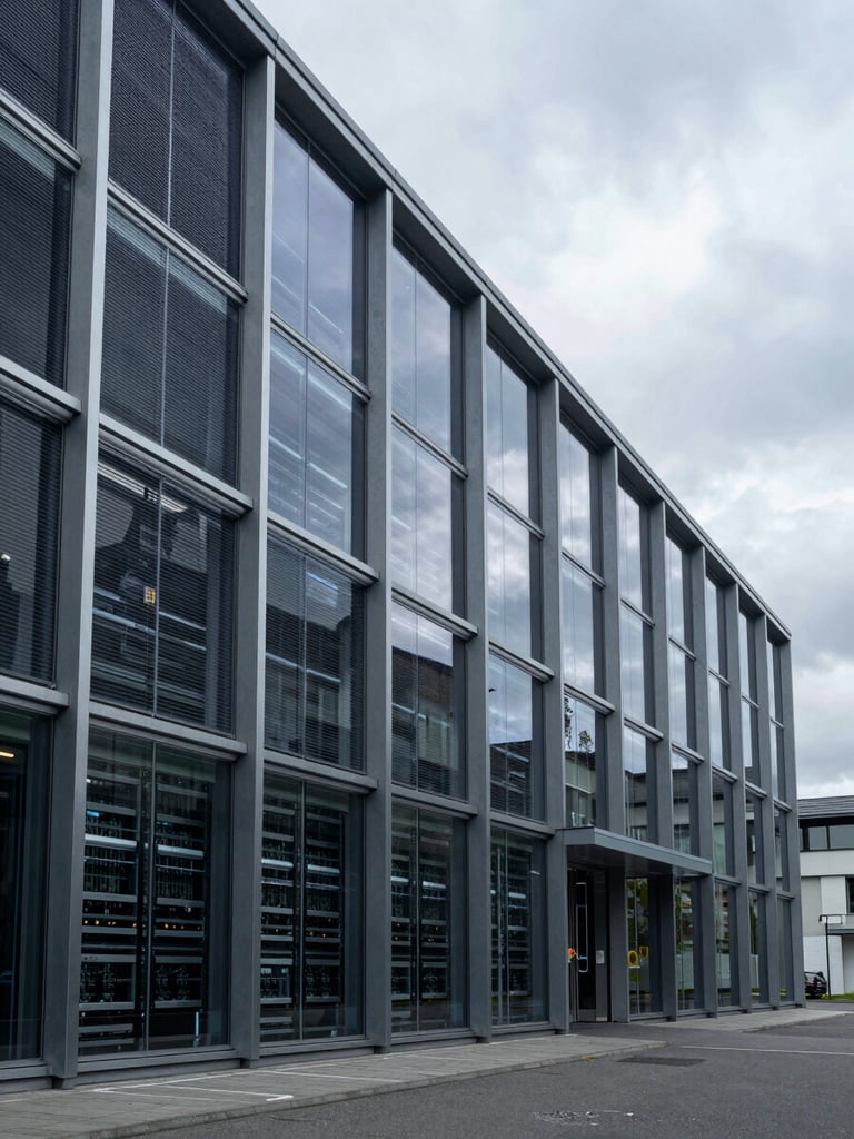 Wide architectural shot of a modern data center exterior in Zurich under cool overcast daylight, sharp steel lines and glass facade reflecting a slate sky.