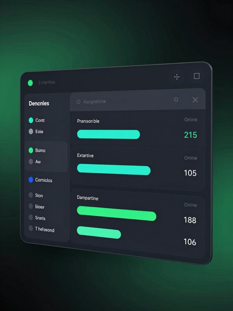 Sleek dark-mode software interface showing clean data analytics, moody neon green and cyan accent lighting, clean minimalist composition, macro lens, off-center framing.