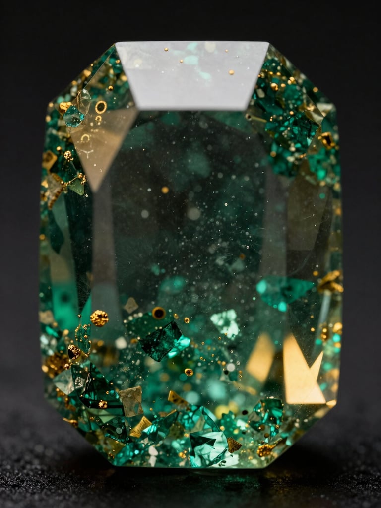 Extreme macro photograph of an emerald's internal jardin under dramatic single-source directional light, showing natural microscopic inclusions and sharp geometric facets