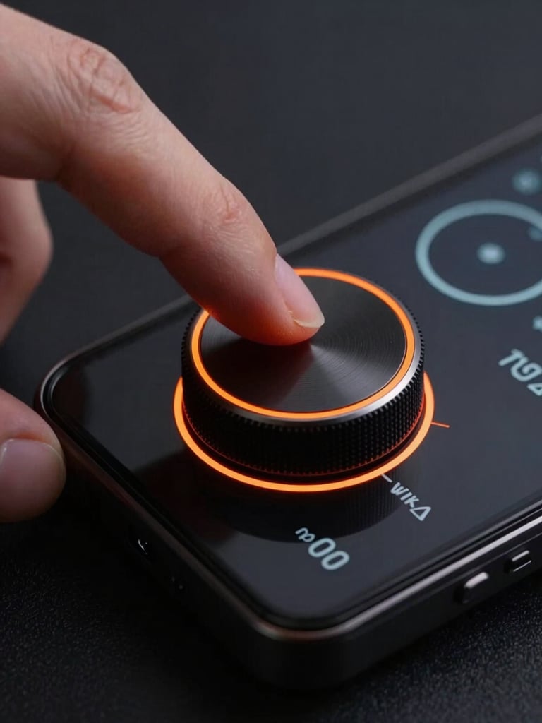 Extreme close-up of a finger turning a physical-looking digital dial on an Android device screen. High-contrast vector schematic layout, safety orange rim lighting, matte dark background.