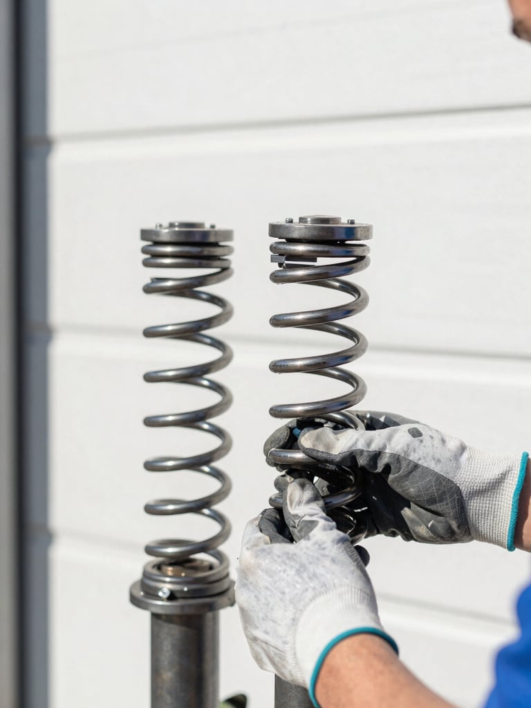 Close-up of heavy-duty steel garage door springs being calibrated by a technician wearing clean work gloves, bright natural daylight