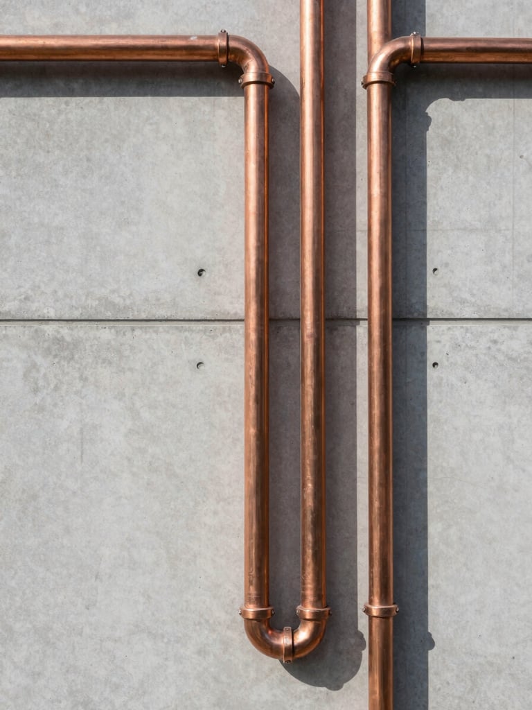 Straight-on architectural elevation of flawless minimalist copper piping layout against a clean concrete wall, natural daylight, sharp shadows