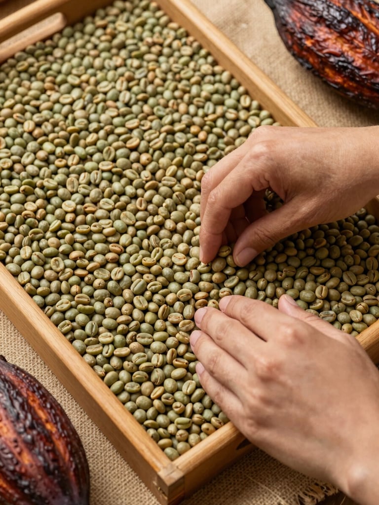 Overhead close study of sorted green coffee beans and cacao pods arranged in a wide wooden tray on a burlap surface, natural north-facing diffuse daylight, hands in motion brushing a sample to the side