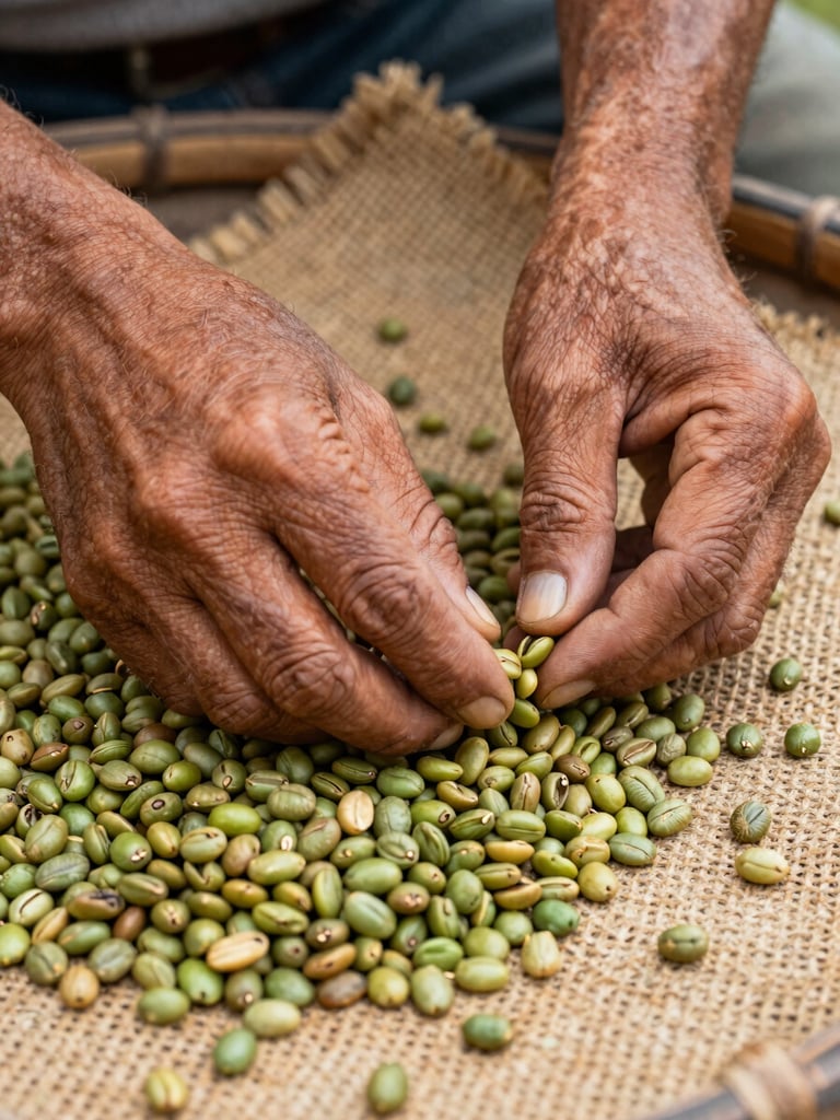 Close-up of weathered Colombian farmer's hands carefully sorting green coffee beans on a woven burlap tray, diffuse north-facing daylight from the left, individual beans sharp and textured, a few imperfect ones set aside — no faces, no smiles, just deliberate hands and grain