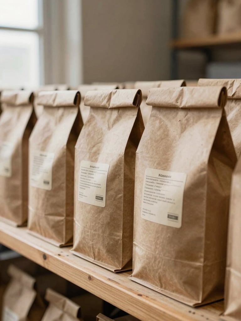 Close-up of kraft paper export packaging bags lined up on a wooden shelf in a processing warehouse, natural fiber labels attached, diffuse afternoon light from a side window, burlap texture visible in background