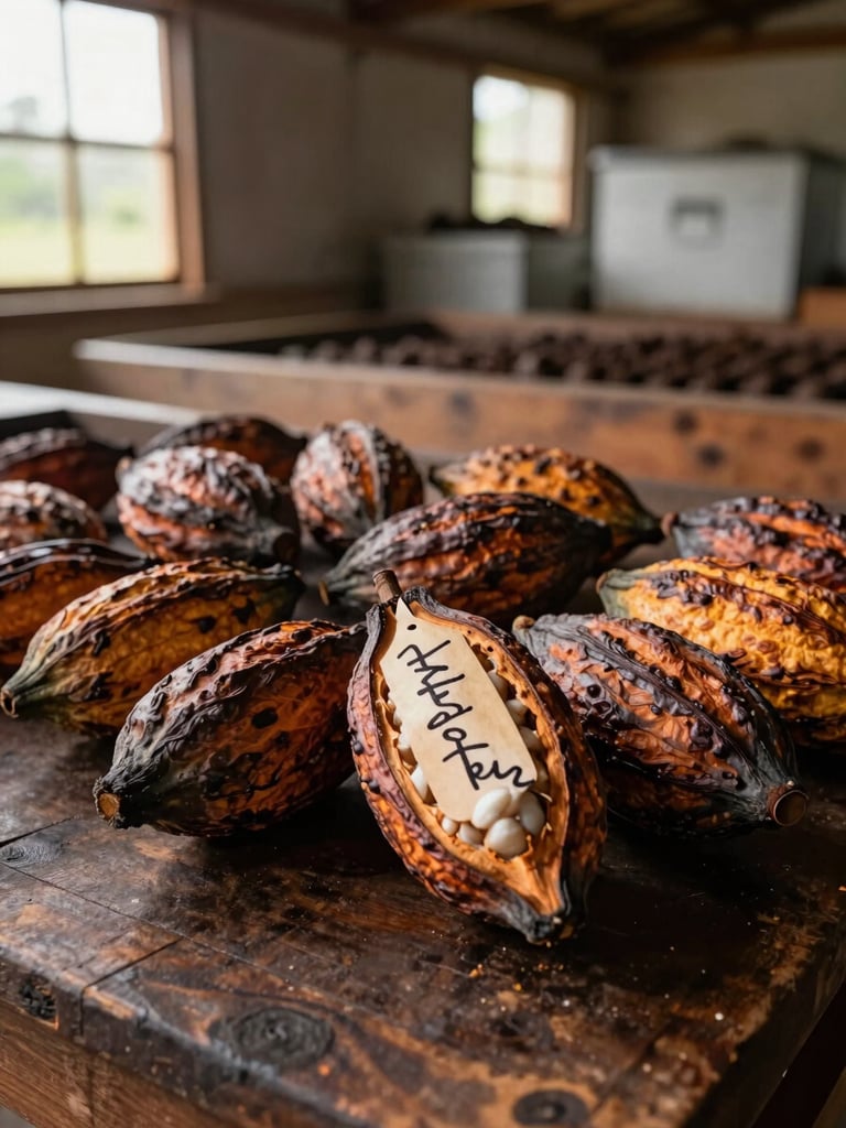 Wide environmental shot of split cacao pods arranged on a dark wooden surface in a Colombian processing shed, amber afternoon light cutting through a side window, a handwritten harvest-date tag resting against the largest pod, fermentation boxes visible in the background