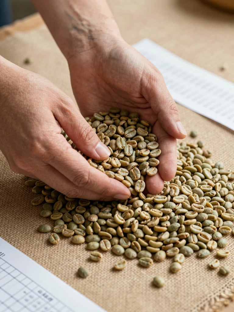 Hands in motion sorting dried green coffee beans on a tan burlap surface under diffuse daylight, a paper control sheet with handwritten lot numbers visible at the edge, close crop showing individual bean texture