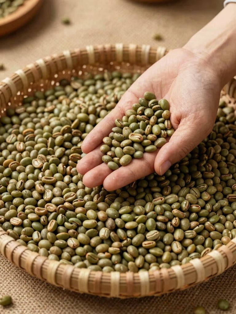 Close overhead study of green coffee beans sorted by hand into a wide woven basket on a burlap surface, diffuse daylight from the left, individual bean detail visible, warm earthy tones