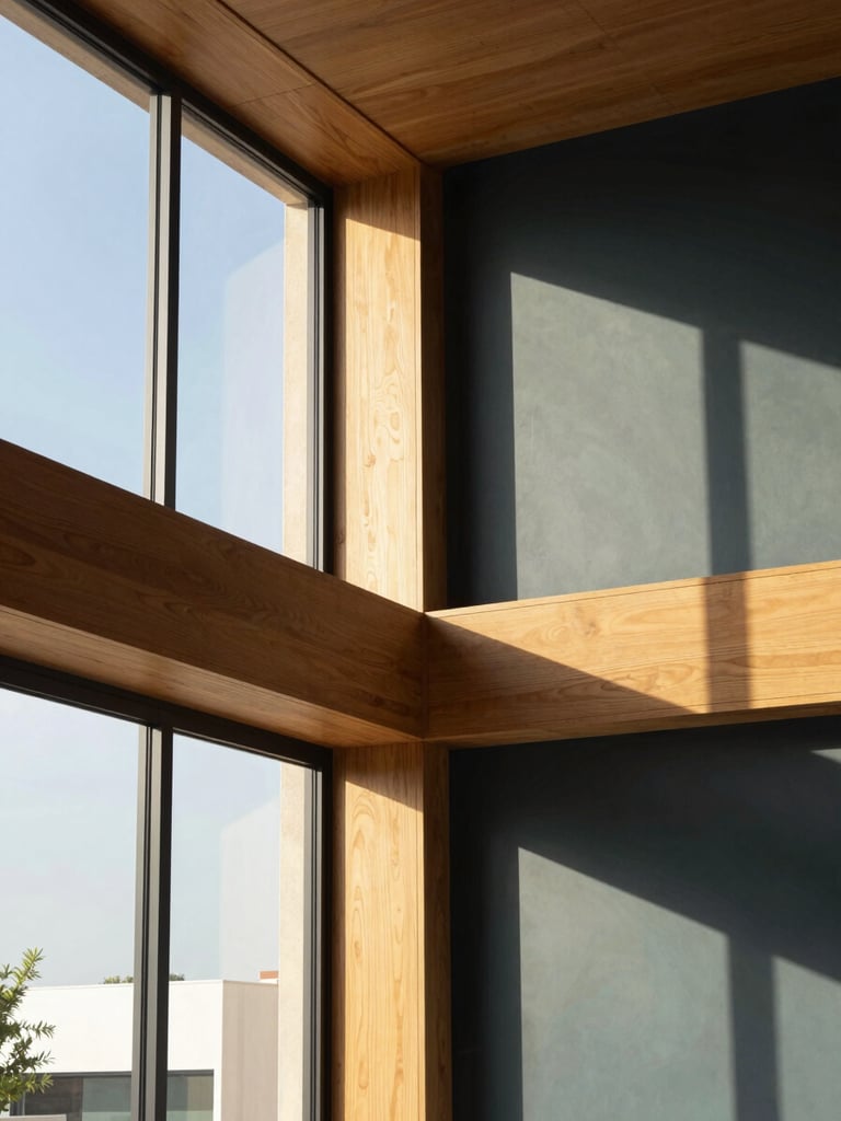 Close-up of modern architectural interior in Mexicali, natural light streaming through large windows, warm wooden accents, clean minimalist design, 35mm lens.