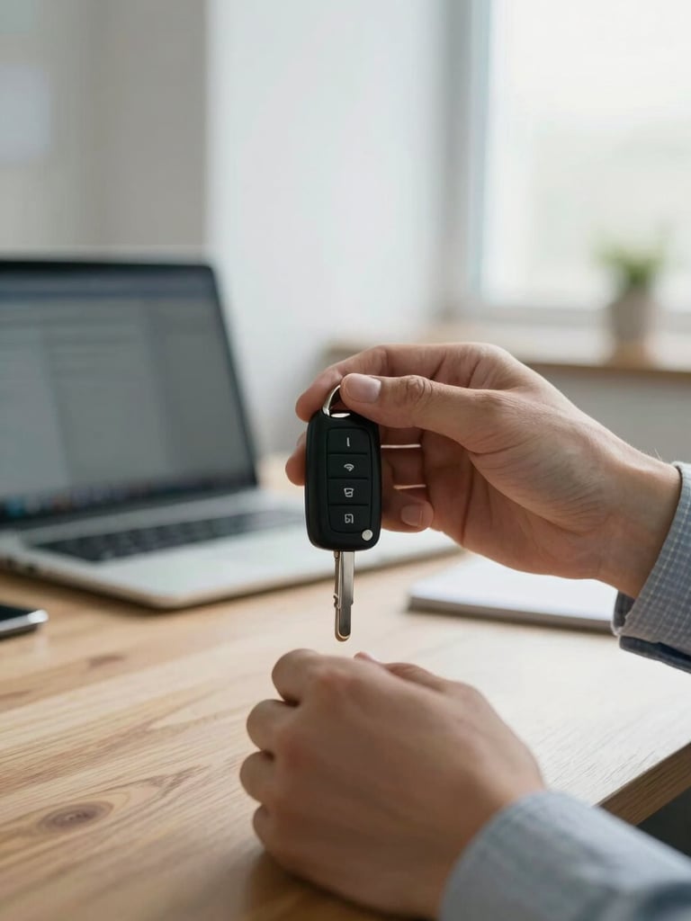 Close-up portrait shot of hands holding car keys over a wooden table in a bright office, soft natural window light.