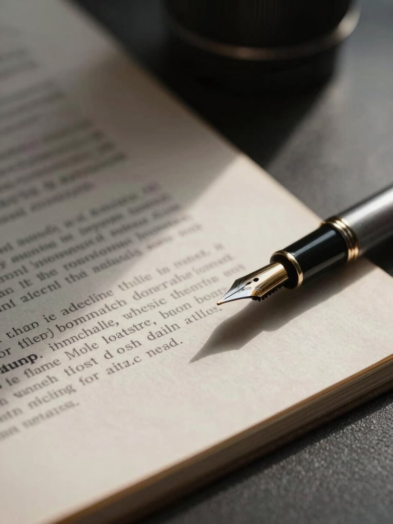 Sharp macro shot of textured legal documents and a fountain pen on a minimalist dark desk, dramatic side lighting, deep shadows.